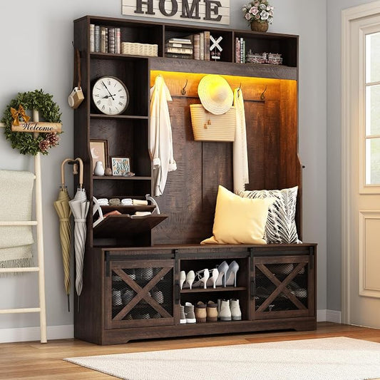 75''H 59''W Large LED Farmhouse Hall Tree with Bench and Shoe Storage,Entryway Bench with Coat Rack,16 Shoe Cubbies & Umbrella Holder and Sock Storage Drawer,Mudroom/Hallway Storages Cabinet(Brown)