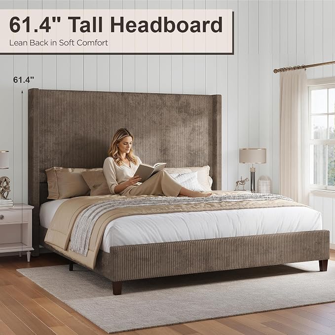HOWE Queen Bed Frame with 61.4" Extra Tall Headboard, Corduroy Upholstered Bed with Vertical Wingback Headboard, No Box Spring Needed/Noise Free/Solid Wood Slats/Brown