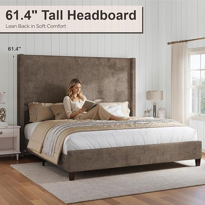 HOWE Queen Bed Frame with 61.4" Extra Tall Headboard, Corduroy Upholstered Bed with Vertical Wingback Headboard, No Box Spring Needed/Noise Free/Solid Wood Slats/Brown