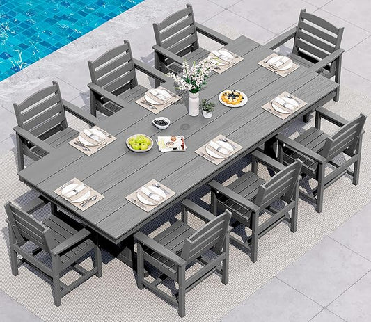 SERWALL 9 Piece 84" HDPE Outdoor Dining Set for 8 with Armchairs and Umbrella Hole, Gray