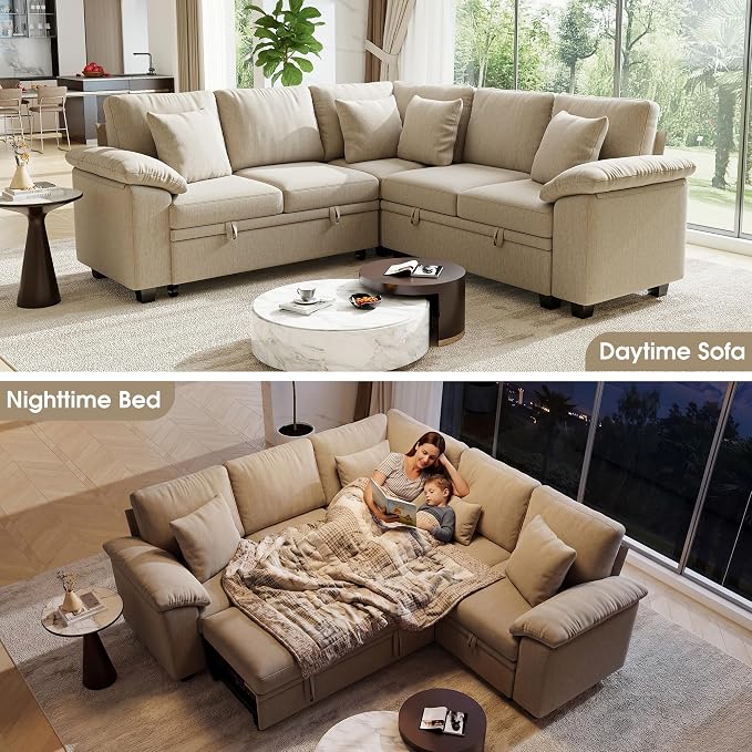 86" Modular Sectional Sleeper Sofa with Pull Out Bed, L Shaped 5 Seat Couch with 151L Storage, Convertible Cloud Couch Bed, Sectional Couches for Living Room, Apartment (Sand)
