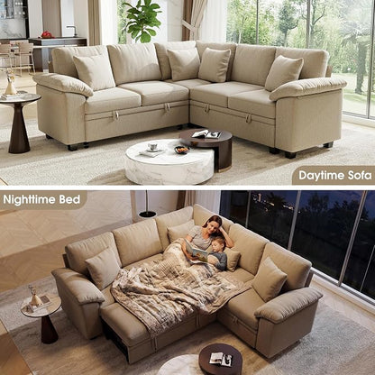 86" Modular Sectional Sleeper Sofa with Pull Out Bed, L Shaped 5 Seat Couch with 151L Storage, Convertible Cloud Couch Bed, Sectional Couches for Living Room, Apartment (Sand)