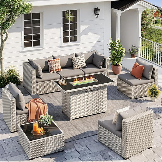 UDPATIO Patio Furniture Set with Fire Pit Table, 8 Pcs Outdoor Sectional Sofa, PE Wicker Patio Conversation Set for Garden, Backyard (Grey Cushions with Light Grey Rattan)