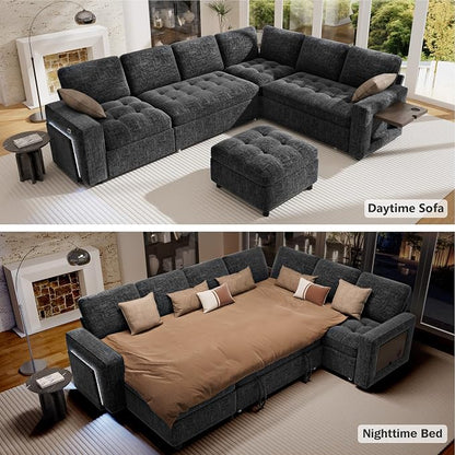 Vipbear 7 Seat L Shaped Modular Sectional Sleeper Sofa Bed with Ottoman/Pull Out Bed/Reclining Backrest/USB Ports/Table/LED Light/Storage Seat, Tool-Free Assembly, Chenille Black