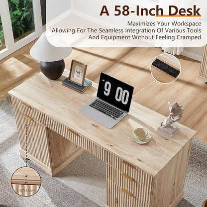58" Modern Wood Executive Desk with 5 Drawers & 1 Cabinet, Built‑in Outlet | Wood Home Office Desk with 5 Drawers & 1 Cabinet, Fluted Computer Writing Desk for Study, Living Room, Bedroom, Oak