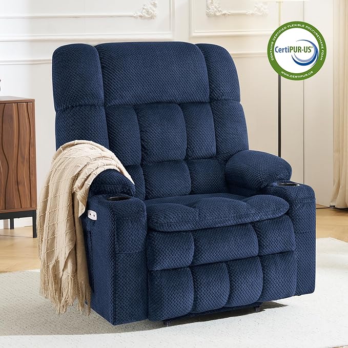 MCombo Oversized Power Lift Recliner Chair for Elderly, Dual Motor Lift Chair with Heat and Massage, Lay Flat Lift Chair for Big and Tall, Cup Holders, Fabric R7891 (Large-Wide, Navy Blue)