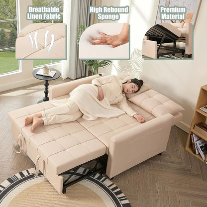 GOSUHI 52" Sleeper Sofa with Pull-Out Bed, 3-in-1 Convertible Sofa Bed, Set of Loveseat with Stepless Adjustable Backrest and Side Pocket, for Living Room Dorm Apartment, Linen, Beige