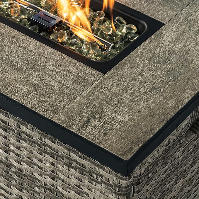 GDFStudio 32" Propane Fire Pit Table with Tank Holder, 50000 BTU Outdoor Gas Fire Table with Ceramic Top & Wicker Base, Steel Firepit with Lid & Cover for Patio Garden Backyard, 2-Piece Set, Beige
