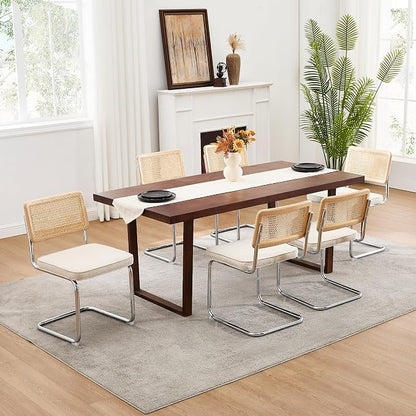 Zesthouse Natural Rattan Dining Chairs Set of 2, Mid Century Modern Dining Chairs with Solid Wood Back & Chrome Base, for Kitchen Living Room, Breuer Design Inspired, Upholstered Linen Fabric, Beige