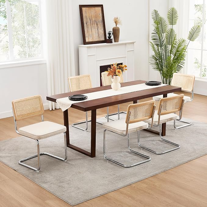 Zesthouse Natural Rattan Dining Chairs Set of 4, Mid Century Modern Dining Chairs with Solid Wood Back & Chrome Base, for Kitchen Living Room, Breuer Design Inspired, Upholstered Linen Fabric, Beige