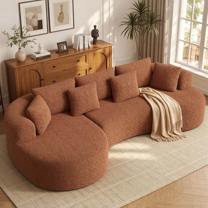 126" Oversized Curved Sectional Sofa for Living Room, Boneless Modern Couch with Chaise, Cloud Couch with 7 Pillows, No Assembly, Caramel 1PCS