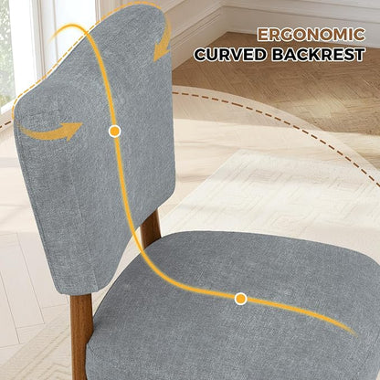 Farmhouse Dining Chairs Set of 2, Linen Seat, Wood Legs, Gray | Mid Century Modern, Upholstered Padded Cushion, Solid Wood Cross-Brace, Easy 15-Min Assembly, Kitchen Dining Room