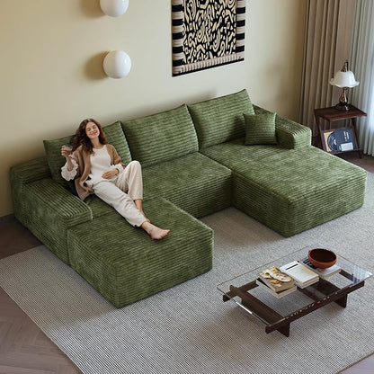 AUGOP 108" Sectional Couches for Living Room Modern Modular Sofa with L-Shape Couchs Upholstered Boneless Couch Deep Seat Sectional Couch with Chaise (Green, Right Facing Chaise+2Seaters+1Ottoman)