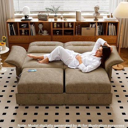 85'' Sofa Bed Full, Assembly, 3 in 1 Sleeper Sofa Beds, Flannel Pull Out Couch for Living Room, Charging & Adjustable Armrest, Comfy Loveseat for Small Space, Flannel Brown