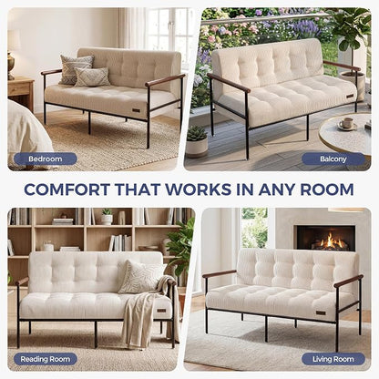 MAXYOYO Living Room Accent Chair, Loveseat Sofa Chair with Sturdy Metal Frame & Wood Armrests, Button Tufted Upholstered Small Couch Modern Love Seat for Bedroom Office, Beige
