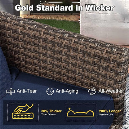 5 Pieces Patio Furniture Set, PE Wicker 75" Couch with 2 High Back Chairs & 2 Ottomans, All-Weather Rattan Furniture with Waterproof Cushions for Deck, Garden, Porch