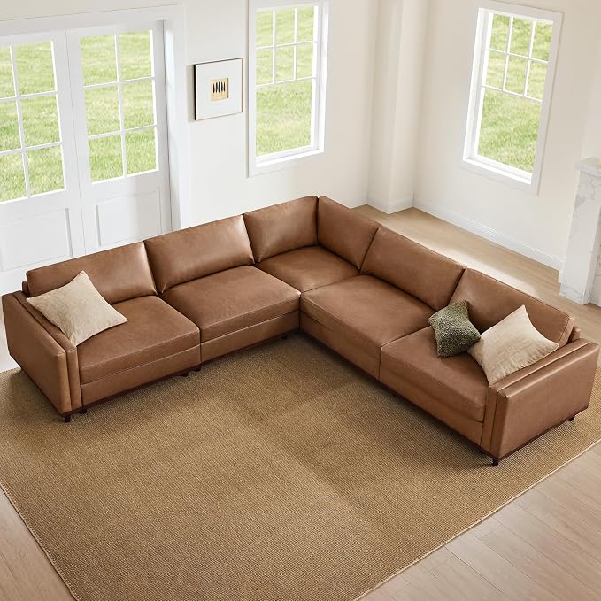 CHITA 114” Super Large Luxury Sectional Modular Sofa, Down Filled, 5 Seat Couch, Faux Leather in Camel