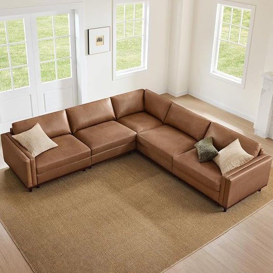 CHITA 114” Super Large Luxury Sectional Modular Sofa, Down Filled, 5 Seat Couch, Faux Leather in Camel