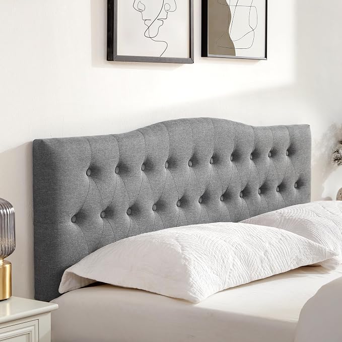 Tufted Headboard Queen Size, Solid Wood Adjustable Height Head Board, Gray | Upholstered Queen Headboard Only with Durable Solid Wood Legs, Adjustable Height 37-51 in, Fabric Button Diamond HeadBoards