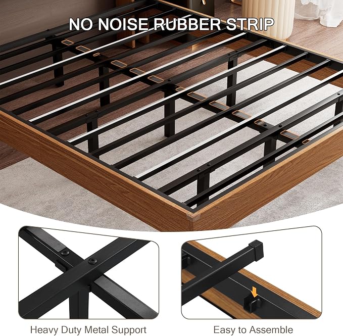 Einhomn King Size Bed Frame with LED Lights & Charging Station – Wood Floating Bed Frame with Storage Headboard, Adhesive Slats, Kick-Free & Noise-Free Design, Easy Assembly, Walnut