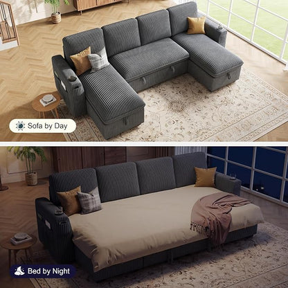 Sectional Sleeper Sofa with Pull Out Bed, Plush Corduroy Sectional Sofa with Double Storage Chaise and Adjustable Backrest, Cloud Sectional Couches for Living Room, Apartment, Light Grey
