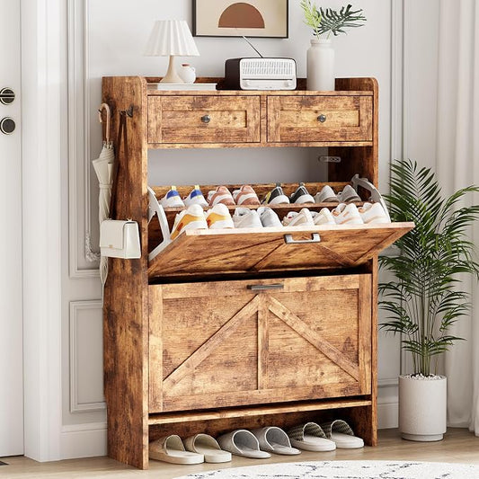 Shoe Cabinet with 2 Flip Drawers & 2 Top Drawers, 43" Tall Freestanding Narrow Wooden Shoe Storage Organizer for Entryway, Hidden Slim Shoe Rack for Front Door Entrance, Hallway, Living Room, Brown