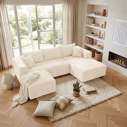 BSHOMGI 92.5'' U-Shaped Boneless Couches, Comfy Corduroy 3 Seaters Sofas with Ottoman, Modern High Back Sectional Sofa for Living Room with Oversized Chaise Deep Seat Sofa, No Assembly Needed