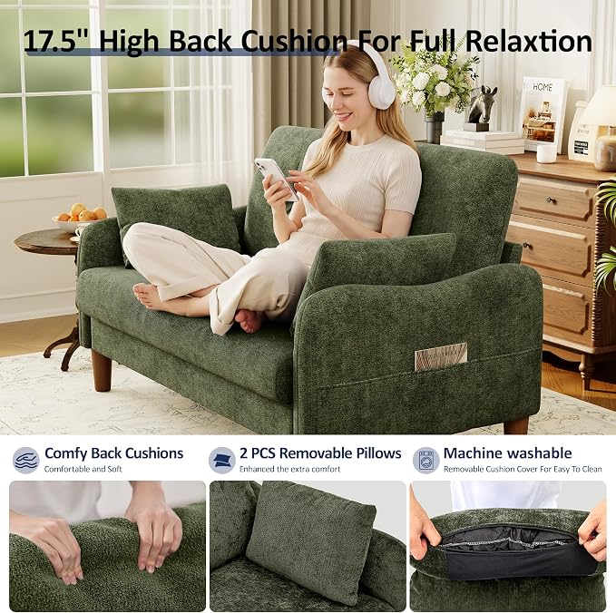 Vipbear 48" Loveseat Sofa,Modern Small Couches for Small Spaces,Green Chenille Love Seat Couch for Living Room,Bedroom,Apartment,Office,Deep Seat,Throw Pillow,Side Pockets,Curved Armrest