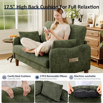 Vipbear 48" Loveseat Sofa,Modern Small Couches for Small Spaces,Green Chenille Love Seat Couch for Living Room,Bedroom,Apartment,Office,Deep Seat,Throw Pillow,Side Pockets,Curved Armrest