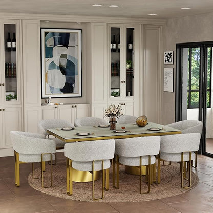 Dining Chairs Set of 2, Luxury Off White Boucle Upholstered Barrel Dining Room Chairs with Armrest & Brushed Gold Metal Frame for Kitchen