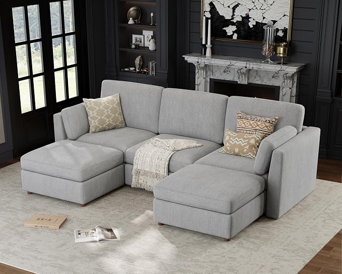 Oversized Modular Sectional Sofa U-Shaped Cloud Couches Gray | 116'' Deep Seat Couch for Living Room, 5-Seater Luxury Corner sofa with Ottoman, Solid Wood Frame, Removable Washable Cover
