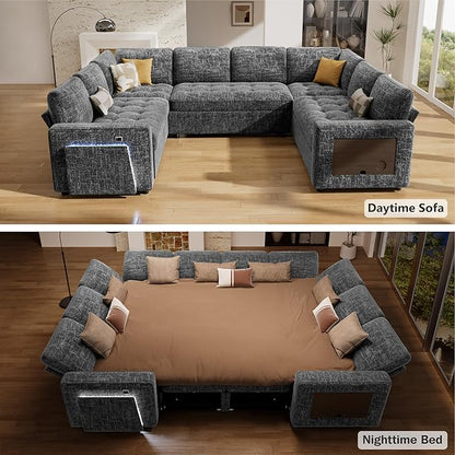Vipbear 8 Seat U Shaped Modular Sectional Sleeper Sofa with Pull Out Bed/Reclining Backrest/USB Ports/Table/LED Light/Storage Seat, Sectional Sleeper Couch, Tool-Free Assembly, Chenille Dark Grey