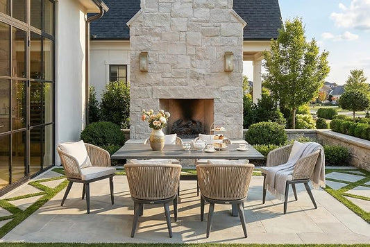 PURPLE LEAF 7 Pieces Patio Dining Set Wicker Outdoor Furniture Rectangular Table and Chairs Set for Garden Deck Aluminum Frame Backyard Kitchen Set, Cushions and Pillows Included Taupe