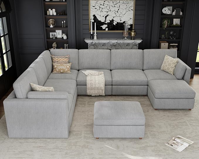 Oversized Modular Sectional Sofa U-Shaped Cloud Couches Gray | Large Deep Seat Couch for Living Room, 8 Seater Luxury Corner Sofa with Ottoman, Solid Wood Frame, Removable Washable Cover