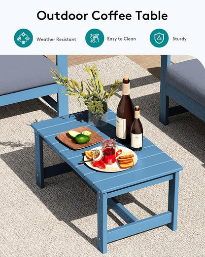 SERWALL 8 Pieces HDPE Outdoor Conversation Sofa Set with Cushion, All Weather Couch Loveseat Furniture Set with Pads, Outdoor Social Sofa Coffee Table Set, Blue Frame with Grey Cushions