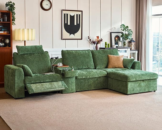 138.6'' Oversized Power Recliner Sofa with Headrest, Modular Cloud Sectional Couch with Convertible Table, Charging, Drawer, Cup Holder, 4-Seater with Storage Ottoman, Chenille, Green