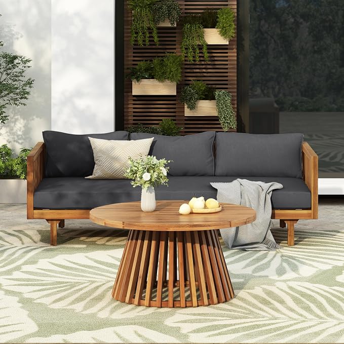 Merax Outdoor Acacia Wood Conversation Set - Patio 3-Seat Loveseat Sofa w/Coushion and Round Coffee Table for Backyard, Lawn, Balcony, Teak+Dark Gray