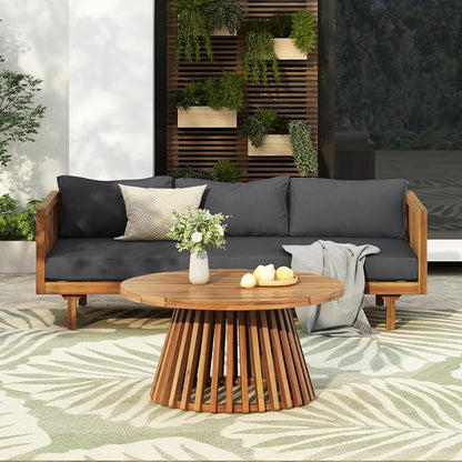 Merax Outdoor Acacia Wood Conversation Set - Patio 3-Seat Loveseat Sofa w/Coushion and Round Coffee Table for Backyard, Lawn, Balcony, Teak+Dark Gray