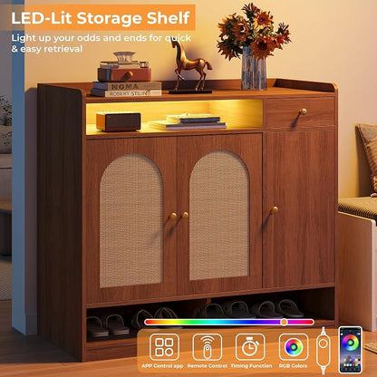LIKIMIO Rattan Shoe Storage Cabinet, 30 Pairs 6-Tier Shoe Cabinet Storage for Entryway with LED Light, Drawer & Doors, Adjustable Shelves, Shoe Rack Organizer for Hallway, Living Room, Walnut