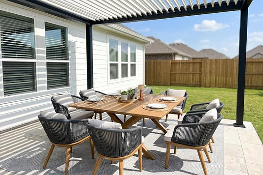 PURPLE LEAF 9 Pieces Outdoor Metal Furniture Set Patio Conversation Sets Wood Pattern Dining Set, 1 Dining Table and 8 Modern Chairs with Cushions Seat