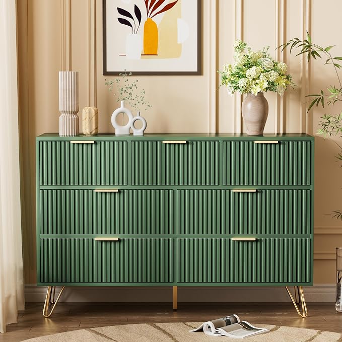 Furniway Dresser for Bedroom, Fluted Modern Dresser with Gold Pulls and 7 Drawers, 15.7" D x 47.2" W x 31.4" H, Green