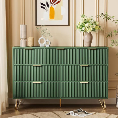 Furniway Dresser for Bedroom, Fluted Modern Dresser with Gold Pulls and 7 Drawers, 15.7" D x 47.2" W x 31.4" H, Green