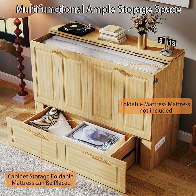 Murphy Bed Full Size: Oak 2 in 1 Murphy Bed Cabinet with Drawer, Wood Cabinet Bed with Charging Station, Modern Hidden Beds for Small Spaces
