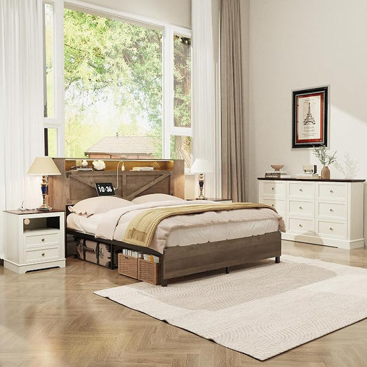 KIGOTY Farmhouse Bedroom Set, 3 Pcs Dresser and Nightstand Sets, 9 Drawer Dresser & 2 Drawer Nightstand Set with Charging Station,Rustic Wood Bedroom Furniture Set for Home
