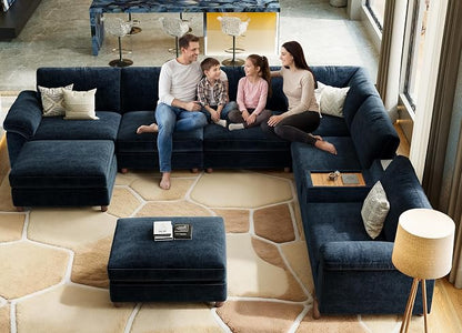 SITJOY Large Cloud Couch, 138" Wide 8 Seat V Shaped with Console, Navy Blue | Detachable and Washable Chenille Cover Sectional Sofas for Living Room, Deep Seat Wide Couch with Chaise, Storage Ottoman