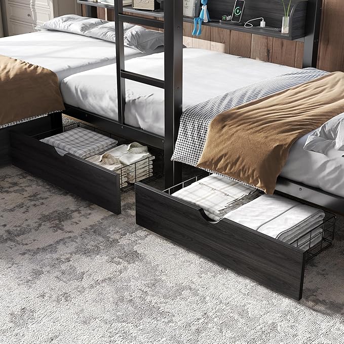 Bellemave L-Shape Triple Bunk Bed with 3 Storage Drawers and Shelves for 3,Metal Bunk Beds Twin Over Twin with Charging Station & LED Lights for Kids,Teens,Adults,Black
