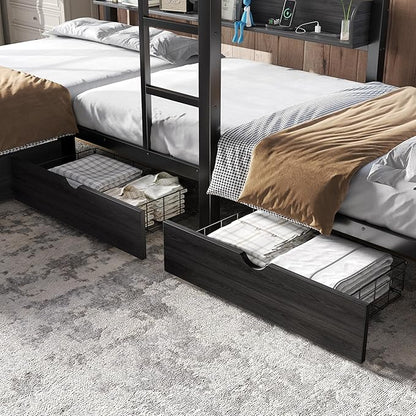Bellemave L-Shape Triple Bunk Bed with 3 Storage Drawers and Shelves for 3,Metal Bunk Beds Twin Over Twin with Charging Station & LED Lights for Kids,Teens,Adults,Black