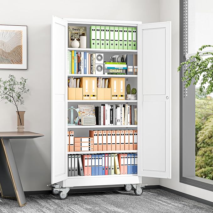 Metal Garage Storage Cabinet, 74”Tall Rolling Utility Cabinet White | storage system with Wheels, Lock, 5 Adjustable Shelves, Heavy Duty Steel Tool Locker for Home Office, Utility Room, Gym