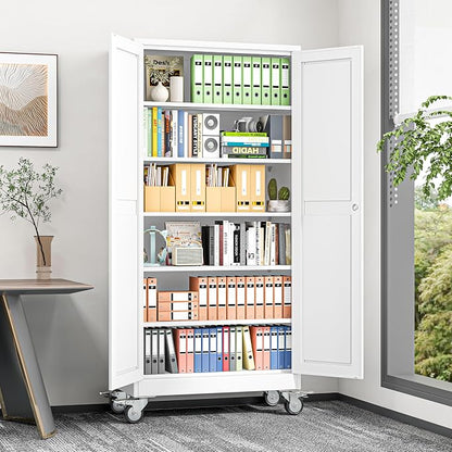 Metal Garage Storage Cabinet, 74”Tall Rolling Utility Cabinet White | storage system with Wheels, Lock, 5 Adjustable Shelves, Heavy Duty Steel Tool Locker for Home Office, Utility Room, Gym