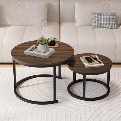 HOJINLINERO Round Coffee Table,Nesting Coffee Table Set of 2,Center Tables for Living Room,Office, Home Small Space,Stacking Side Tables,Sturdy and Easy Assembly,Wood Desktop,Walnut+Black,Large